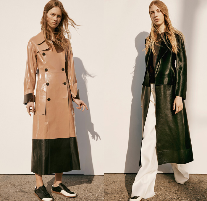 Calvin Klein Collection	2016 Pre Fall Autumn Womens Lookbook Presentation - Sleek Outerwear Long Trench Coat Jacket Blazer Pantsuit Furry Plush Leather Skirt Frock Wrap Nautical Arm Warmers Zipper Strap Crop Top Midriff Wide Leg Trousers Palazzo Pants Reptile Snake Spotted Moto Motorcycle Biker Bag Purse Clutch 