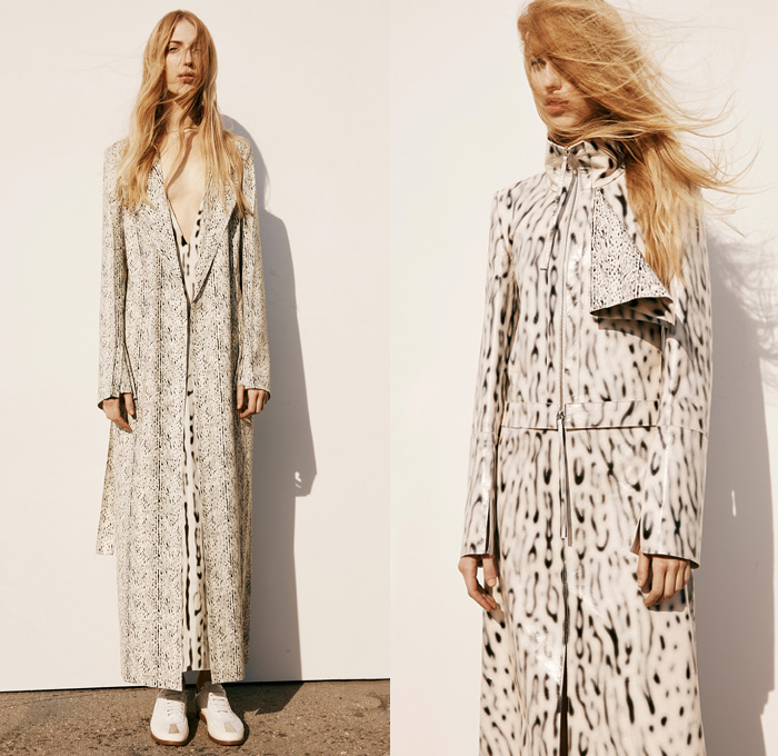 Calvin Klein Collection	2016 Pre Fall Autumn Womens Lookbook Presentation - Sleek Outerwear Long Trench Coat Jacket Blazer Pantsuit Furry Plush Leather Skirt Frock Wrap Nautical Arm Warmers Zipper Strap Crop Top Midriff Wide Leg Trousers Palazzo Pants Reptile Snake Spotted Moto Motorcycle Biker Bag Purse Clutch 