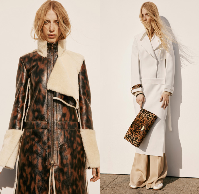 Calvin Klein Collection	2016 Pre Fall Autumn Womens Lookbook Presentation - Sleek Outerwear Long Trench Coat Jacket Blazer Pantsuit Furry Plush Leather Skirt Frock Wrap Nautical Arm Warmers Zipper Strap Crop Top Midriff Wide Leg Trousers Palazzo Pants Reptile Snake Spotted Moto Motorcycle Biker Bag Purse Clutch 