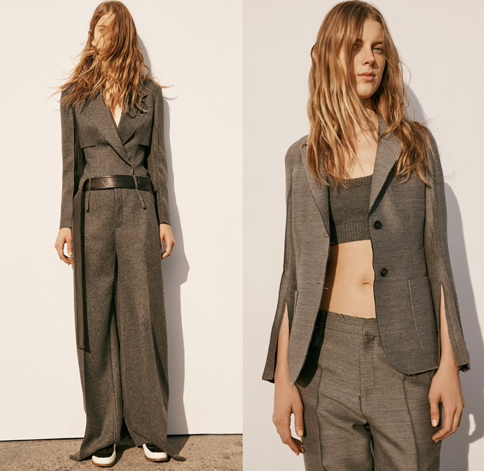 Calvin Klein Collection	2016 Pre Fall Autumn Womens Lookbook Presentation - Sleek Outerwear Long Trench Coat Jacket Blazer Pantsuit Furry Plush Leather Skirt Frock Wrap Nautical Arm Warmers Zipper Strap Crop Top Midriff Wide Leg Trousers Palazzo Pants Reptile Snake Spotted Moto Motorcycle Biker Bag Purse Clutch 