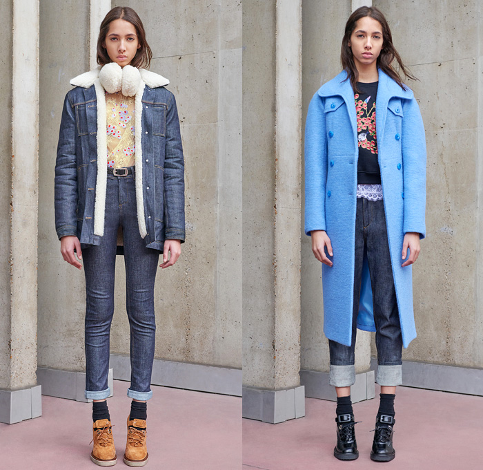 Carven Paris 2016 Pre Fall Autumn Womens Lookbook Presentation - Denim Jeans Boiled Wool Cocoon Outerwear Coat Shearling Coatdress Bomber Jacket Lace Toggle Closure Nautical Blazer Chunky Knit Sweater Jumper Accordion Check Windowpane Grid Blouse Long Sleeve Shirt Quilted Furry Shaggy Pantsuit Belt Banded Strap Fringes Miniskirt Frock Handkerchief Hem Shift Slip Dress Sleeveless Turtleneck Leather Handbag