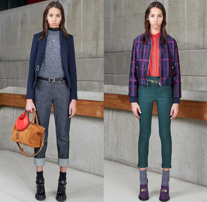 Carven Paris 2016 Pre Fall Autumn Womens Lookbook Presentation - Denim Jeans Boiled Wool Cocoon Outerwear Coat Shearling Coatdress Bomber Jacket Lace Toggle Closure Nautical Blazer Chunky Knit Sweater Jumper Accordion Check Windowpane Grid Blouse Long Sleeve Shirt Quilted Furry Shaggy Pantsuit Belt Banded Strap Fringes Miniskirt Frock Handkerchief Hem Shift Slip Dress Sleeveless Turtleneck Leather Handbag