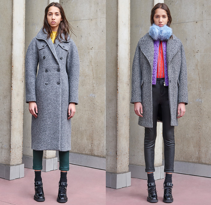 Carven Paris 2016 Pre Fall Autumn Womens Lookbook Presentation - Denim Jeans Boiled Wool Cocoon Outerwear Coat Shearling Coatdress Bomber Jacket Lace Toggle Closure Nautical Blazer Chunky Knit Sweater Jumper Accordion Check Windowpane Grid Blouse Long Sleeve Shirt Quilted Furry Shaggy Pantsuit Belt Banded Strap Fringes Miniskirt Frock Handkerchief Hem Shift Slip Dress Sleeveless Turtleneck Leather Handbag