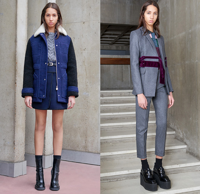 Carven Paris 2016 Pre Fall Autumn Womens Lookbook Presentation - Denim Jeans Boiled Wool Cocoon Outerwear Coat Shearling Coatdress Bomber Jacket Lace Toggle Closure Nautical Blazer Chunky Knit Sweater Jumper Accordion Check Windowpane Grid Blouse Long Sleeve Shirt Quilted Furry Shaggy Pantsuit Belt Banded Strap Fringes Miniskirt Frock Handkerchief Hem Shift Slip Dress Sleeveless Turtleneck Leather Handbag