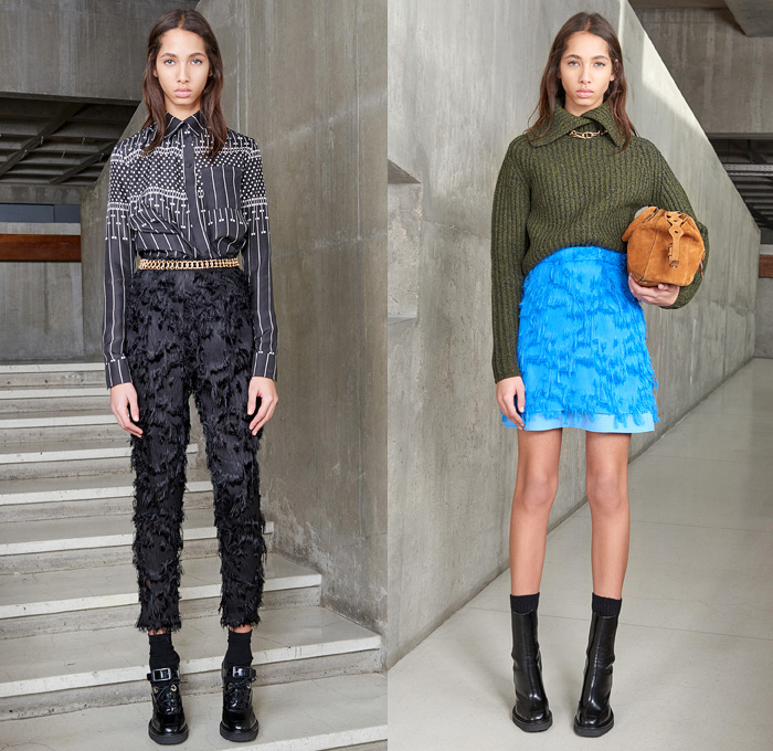 Carven Paris 2016 Pre Fall Autumn Womens Lookbook Presentation - Denim Jeans Boiled Wool Cocoon Outerwear Coat Shearling Coatdress Bomber Jacket Lace Toggle Closure Nautical Blazer Chunky Knit Sweater Jumper Accordion Check Windowpane Grid Blouse Long Sleeve Shirt Quilted Furry Shaggy Pantsuit Belt Banded Strap Fringes Miniskirt Frock Handkerchief Hem Shift Slip Dress Sleeveless Turtleneck Leather Handbag