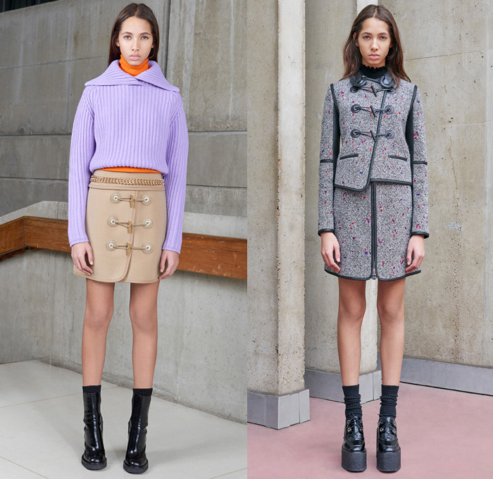 Carven Paris 2016 Pre Fall Autumn Womens Lookbook Presentation - Denim Jeans Boiled Wool Cocoon Outerwear Coat Shearling Coatdress Bomber Jacket Lace Toggle Closure Nautical Blazer Chunky Knit Sweater Jumper Accordion Check Windowpane Grid Blouse Long Sleeve Shirt Quilted Furry Shaggy Pantsuit Belt Banded Strap Fringes Miniskirt Frock Handkerchief Hem Shift Slip Dress Sleeveless Turtleneck Leather Handbag