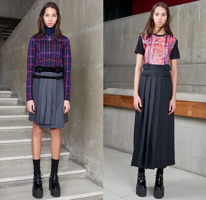 Carven Paris 2016 Pre Fall Autumn Womens Lookbook Presentation - Denim Jeans Boiled Wool Cocoon Outerwear Coat Shearling Coatdress Bomber Jacket Lace Toggle Closure Nautical Blazer Chunky Knit Sweater Jumper Accordion Check Windowpane Grid Blouse Long Sleeve Shirt Quilted Furry Shaggy Pantsuit Belt Banded Strap Fringes Miniskirt Frock Handkerchief Hem Shift Slip Dress Sleeveless Turtleneck Leather Handbag