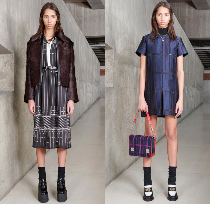 Carven Paris 2016 Pre Fall Autumn Womens Lookbook Presentation - Denim Jeans Boiled Wool Cocoon Outerwear Coat Shearling Coatdress Bomber Jacket Lace Toggle Closure Nautical Blazer Chunky Knit Sweater Jumper Accordion Check Windowpane Grid Blouse Long Sleeve Shirt Quilted Furry Shaggy Pantsuit Belt Banded Strap Fringes Miniskirt Frock Handkerchief Hem Shift Slip Dress Sleeveless Turtleneck Leather Handbag