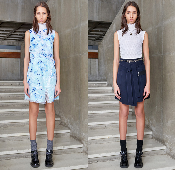 Carven Paris 2016 Pre Fall Autumn Womens Lookbook Presentation - Denim Jeans Boiled Wool Cocoon Outerwear Coat Shearling Coatdress Bomber Jacket Lace Toggle Closure Nautical Blazer Chunky Knit Sweater Jumper Accordion Check Windowpane Grid Blouse Long Sleeve Shirt Quilted Furry Shaggy Pantsuit Belt Banded Strap Fringes Miniskirt Frock Handkerchief Hem Shift Slip Dress Sleeveless Turtleneck Leather Handbag