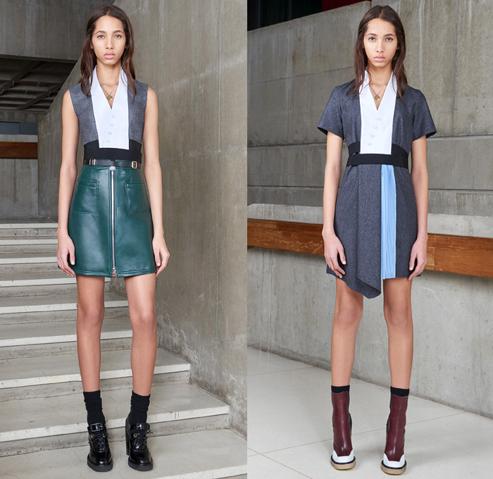 Carven Paris 2016 Pre Fall Autumn Womens Lookbook Presentation - Denim Jeans Boiled Wool Cocoon Outerwear Coat Shearling Coatdress Bomber Jacket Lace Toggle Closure Nautical Blazer Chunky Knit Sweater Jumper Accordion Check Windowpane Grid Blouse Long Sleeve Shirt Quilted Furry Shaggy Pantsuit Belt Banded Strap Fringes Miniskirt Frock Handkerchief Hem Shift Slip Dress Sleeveless Turtleneck Leather Handbag