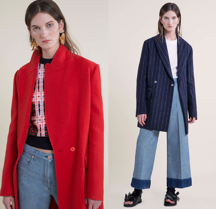 Cédric Charlier 2016 Pre Fall Autumn Womens Lookbook Presentation - Denim Jeans Wide Leg Trousers Palazzo Cropped Pants Flowers Floral Print Pattern Motif Plaid Tartan Check Pinstripe Crop Top Midriff Outerwear Coat Parka Blazer Jacket Sandals Wool Frayed Strap D-ring Skirt Frock Angular Hem Leggings Knit Sweater Jumper Grunge Asymmetrical Hem Drapery Turtleneck Half Panel Shirtdress Pinafore Dress Geometric