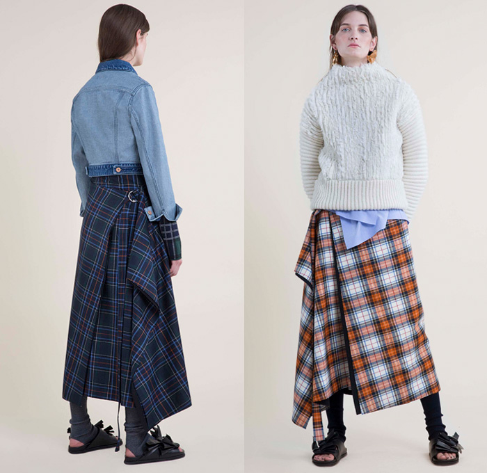 Cédric Charlier 2016 Pre Fall Autumn Womens Lookbook Presentation - Denim Jeans Wide Leg Trousers Palazzo Cropped Pants Flowers Floral Print Pattern Motif Plaid Tartan Check Pinstripe Crop Top Midriff Outerwear Coat Parka Blazer Jacket Sandals Wool Frayed Strap D-ring Skirt Frock Angular Hem Leggings Knit Sweater Jumper Grunge Asymmetrical Hem Drapery Turtleneck Half Panel Shirtdress Pinafore Dress Geometric