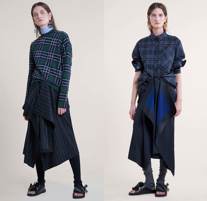 Cédric Charlier 2016 Pre Fall Autumn Womens Lookbook Presentation - Denim Jeans Wide Leg Trousers Palazzo Cropped Pants Flowers Floral Print Pattern Motif Plaid Tartan Check Pinstripe Crop Top Midriff Outerwear Coat Parka Blazer Jacket Sandals Wool Frayed Strap D-ring Skirt Frock Angular Hem Leggings Knit Sweater Jumper Grunge Asymmetrical Hem Drapery Turtleneck Half Panel Shirtdress Pinafore Dress Geometric