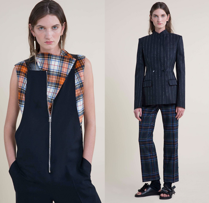 Cédric Charlier 2016 Pre Fall Autumn Womens Lookbook Presentation - Denim Jeans Wide Leg Trousers Palazzo Cropped Pants Flowers Floral Print Pattern Motif Plaid Tartan Check Pinstripe Crop Top Midriff Outerwear Coat Parka Blazer Jacket Sandals Wool Frayed Strap D-ring Skirt Frock Angular Hem Leggings Knit Sweater Jumper Grunge Asymmetrical Hem Drapery Turtleneck Half Panel Shirtdress Pinafore Dress Geometric