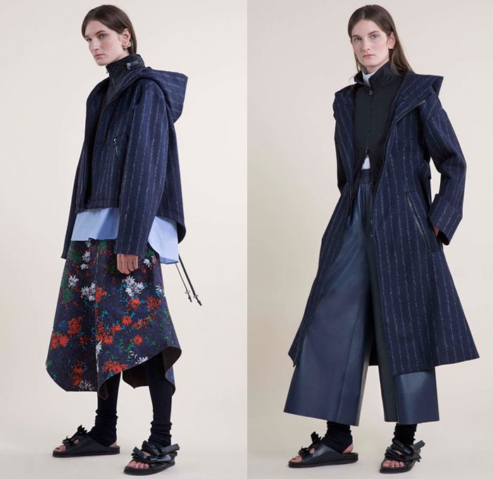 Cédric Charlier 2016 Pre Fall Autumn Womens Lookbook Presentation - Denim Jeans Wide Leg Trousers Palazzo Cropped Pants Flowers Floral Print Pattern Motif Plaid Tartan Check Pinstripe Crop Top Midriff Outerwear Coat Parka Blazer Jacket Sandals Wool Frayed Strap D-ring Skirt Frock Angular Hem Leggings Knit Sweater Jumper Grunge Asymmetrical Hem Drapery Turtleneck Half Panel Shirtdress Pinafore Dress Geometric