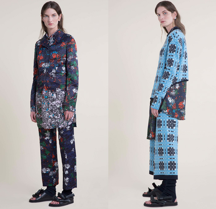 Cédric Charlier 2016 Pre Fall Autumn Womens Lookbook Presentation - Denim Jeans Wide Leg Trousers Palazzo Cropped Pants Flowers Floral Print Pattern Motif Plaid Tartan Check Pinstripe Crop Top Midriff Outerwear Coat Parka Blazer Jacket Sandals Wool Frayed Strap D-ring Skirt Frock Angular Hem Leggings Knit Sweater Jumper Grunge Asymmetrical Hem Drapery Turtleneck Half Panel Shirtdress Pinafore Dress Geometric