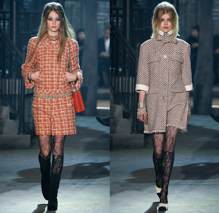 Chanel 2016 Pre Fall Autumn Womens Runway Catwalk Looks Rome Italy - Embroidery Embellishments Adornments Flowers Floral Skirt Frock Leather Motif Beads Fringes Sheer Chiffon Tulle Lace Mesh Fishnet Stockings Tights Bouclé Knit Sweater Coat Quilted Waffle Jacket Waistcoat Vestdress Maxi Dress Gown Eveningwear Arm Warmers Turtleneck Pussycat Bow Ribbon Zigzag Strapless Loungewear Scarf Choker Stripes Balloon Sleeves Handbag