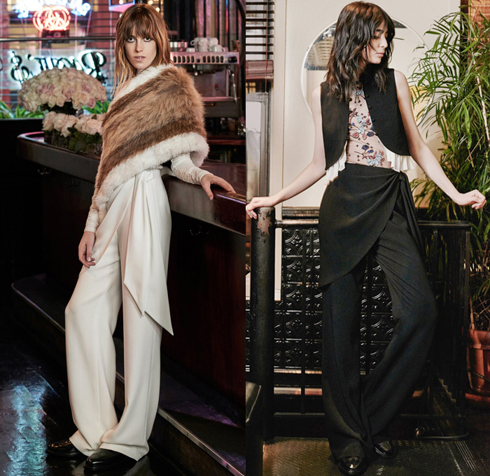 Cinq à Sept New York 2016 Pre Fall Autumn Womens Lookbook Presentation - Silk Satin Furry Shaggy Shawl Tie Up Vest Waistcoat Bolero Embroidery Flowers Floral Botanical Print Motif Sheer Chiffon Tulle Strapless Dress Sleeveless Cutout Open Shoulders O-Ring Noodle Spaghetti Strap Ornamental Print Scarf Ruffles Blouse