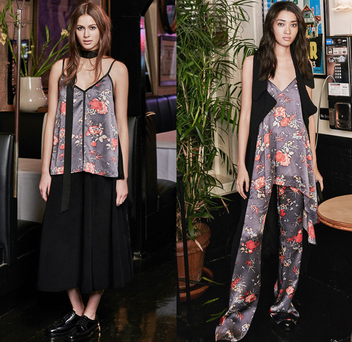 Cinq à Sept New York 2016 Pre Fall Autumn Womens Lookbook Presentation - Silk Satin Furry Shaggy Shawl Tie Up Vest Waistcoat Bolero Embroidery Flowers Floral Botanical Print Motif Sheer Chiffon Tulle Strapless Dress Sleeveless Cutout Open Shoulders O-Ring Noodle Spaghetti Strap Ornamental Print Scarf Ruffles Blouse