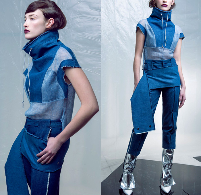 Daniel Silverstain 2016 Pre Fall Autumn Womens Lookbook Presentation New York - Futuristic Frayed Raw Hem Denim Jeans Banded Strap Leg Warmers Strapless Funnelneck Drawstring Pants Trousers Layers Zipper Cubism Pinafore Dress Miniskirt Jacket Outerwear Coat Chunky Knit Plush Skirtdress Shirtdress Sheer Chiffon Mesh Lace Sleek Skirt Frock