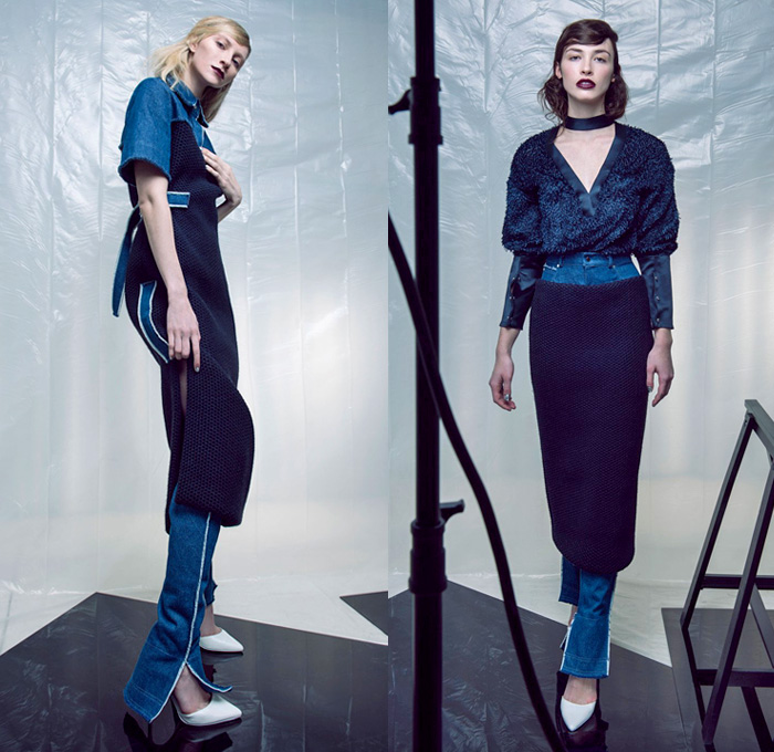 Daniel Silverstain 2016 Pre Fall Autumn Womens Lookbook Presentation New York - Futuristic Frayed Raw Hem Denim Jeans Banded Strap Leg Warmers Strapless Funnelneck Drawstring Pants Trousers Layers Zipper Cubism Pinafore Dress Miniskirt Jacket Outerwear Coat Chunky Knit Plush Skirtdress Shirtdress Sheer Chiffon Mesh Lace Sleek Skirt Frock