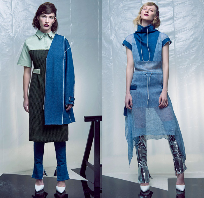 Daniel Silverstain 2016 Pre Fall Autumn Womens Lookbook Presentation New York - Futuristic Frayed Raw Hem Denim Jeans Banded Strap Leg Warmers Strapless Funnelneck Drawstring Pants Trousers Layers Zipper Cubism Pinafore Dress Miniskirt Jacket Outerwear Coat Chunky Knit Plush Skirtdress Shirtdress Sheer Chiffon Mesh Lace Sleek Skirt Frock