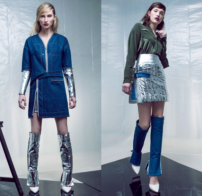 Daniel Silverstain 2016 Pre Fall Autumn Womens Lookbook Presentation New York - Futuristic Frayed Raw Hem Denim Jeans Banded Strap Leg Warmers Strapless Funnelneck Drawstring Pants Trousers Layers Zipper Cubism Pinafore Dress Miniskirt Jacket Outerwear Coat Chunky Knit Plush Skirtdress Shirtdress Sheer Chiffon Mesh Lace Sleek Skirt Frock