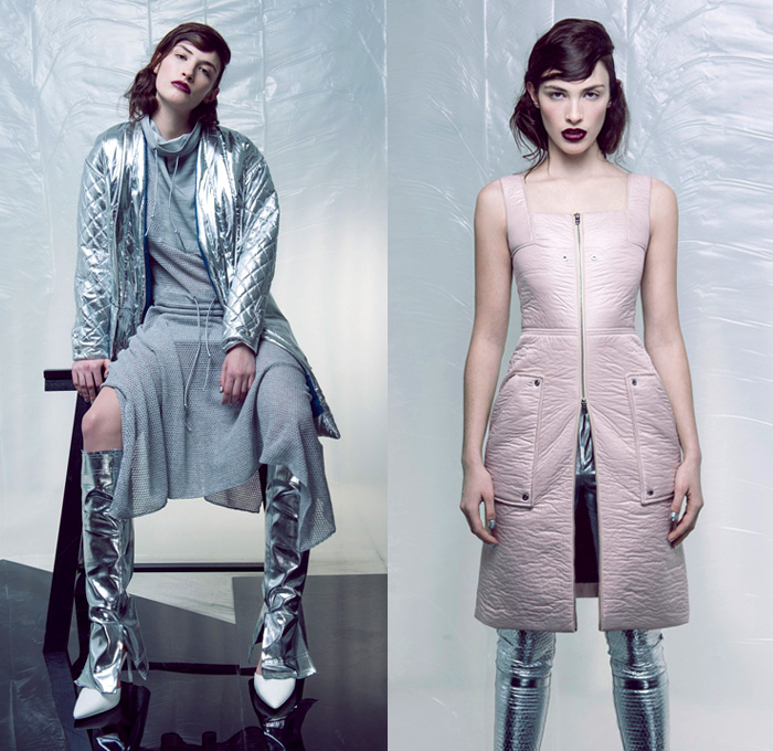 Daniel Silverstain 2016 Pre Fall Autumn Womens Lookbook Presentation New York - Futuristic Frayed Raw Hem Denim Jeans Banded Strap Leg Warmers Strapless Funnelneck Drawstring Pants Trousers Layers Zipper Cubism Pinafore Dress Miniskirt Jacket Outerwear Coat Chunky Knit Plush Skirtdress Shirtdress Sheer Chiffon Mesh Lace Sleek Skirt Frock