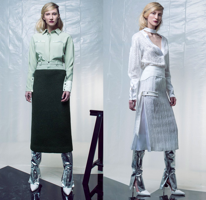 Daniel Silverstain 2016 Pre Fall Autumn Womens Lookbook Presentation New York - Futuristic Frayed Raw Hem Denim Jeans Banded Strap Leg Warmers Strapless Funnelneck Drawstring Pants Trousers Layers Zipper Cubism Pinafore Dress Miniskirt Jacket Outerwear Coat Chunky Knit Plush Skirtdress Shirtdress Sheer Chiffon Mesh Lace Sleek Skirt Frock