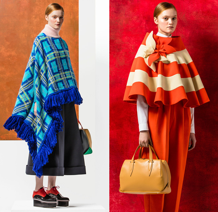 DELPOZO 2016 Pre Fall Autumn Womens Lookbook Presentation - Looped Fringes Brooch Flowers Floral Botanical Motif Leaves Foliage Embroidery Sheer Chiffon Tulle Chunky Knit Sweater Jumper Plaid Tartan Check Outerwear Trench Coat Poncho Cloak Cape Wide Leg Trousers Palazzo Pants Culottes Gauchos Stripes Balloon Turtleneck Scarf Shawl Skirt Blazer Pantsuit Waistcoat Gown Eveningwear Tutu Drapery Handbag Elevator Shoes