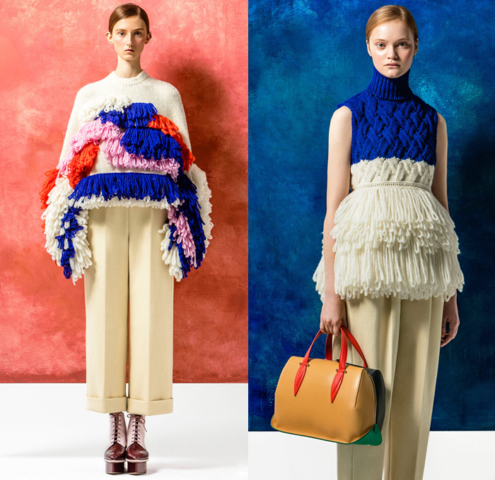 DELPOZO 2016 Pre Fall Autumn Womens Lookbook Presentation - Looped Fringes Brooch Flowers Floral Botanical Motif Leaves Foliage Embroidery Sheer Chiffon Tulle Chunky Knit Sweater Jumper Plaid Tartan Check Outerwear Trench Coat Poncho Cloak Cape Wide Leg Trousers Palazzo Pants Culottes Gauchos Stripes Balloon Turtleneck Scarf Shawl Skirt Blazer Pantsuit Waistcoat Gown Eveningwear Tutu Drapery Handbag Elevator Shoes