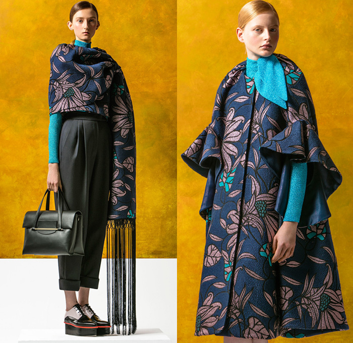 DELPOZO 2016 Pre Fall Autumn Womens Lookbook Presentation - Looped Fringes Brooch Flowers Floral Botanical Motif Leaves Foliage Embroidery Sheer Chiffon Tulle Chunky Knit Sweater Jumper Plaid Tartan Check Outerwear Trench Coat Poncho Cloak Cape Wide Leg Trousers Palazzo Pants Culottes Gauchos Stripes Balloon Turtleneck Scarf Shawl Skirt Blazer Pantsuit Waistcoat Gown Eveningwear Tutu Drapery Handbag Elevator Shoes