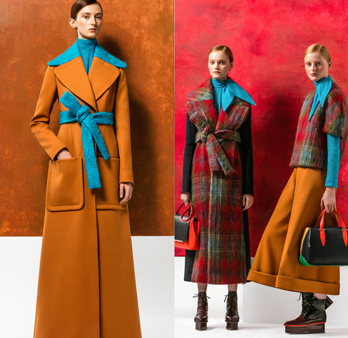 DELPOZO 2016 Pre Fall Autumn Womens Lookbook Presentation - Looped Fringes Brooch Flowers Floral Botanical Motif Leaves Foliage Embroidery Sheer Chiffon Tulle Chunky Knit Sweater Jumper Plaid Tartan Check Outerwear Trench Coat Poncho Cloak Cape Wide Leg Trousers Palazzo Pants Culottes Gauchos Stripes Balloon Turtleneck Scarf Shawl Skirt Blazer Pantsuit Waistcoat Gown Eveningwear Tutu Drapery Handbag Elevator Shoes