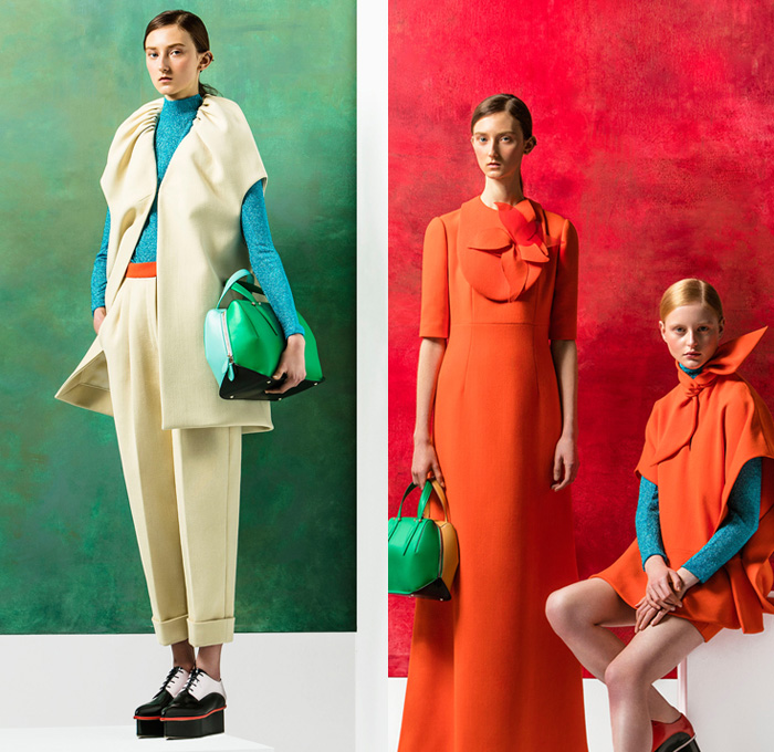 DELPOZO 2016 Pre Fall Autumn Womens Lookbook Presentation - Looped Fringes Brooch Flowers Floral Botanical Motif Leaves Foliage Embroidery Sheer Chiffon Tulle Chunky Knit Sweater Jumper Plaid Tartan Check Outerwear Trench Coat Poncho Cloak Cape Wide Leg Trousers Palazzo Pants Culottes Gauchos Stripes Balloon Turtleneck Scarf Shawl Skirt Blazer Pantsuit Waistcoat Gown Eveningwear Tutu Drapery Handbag Elevator Shoes