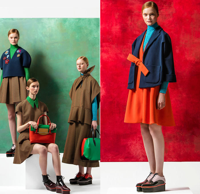 DELPOZO 2016 Pre Fall Autumn Womens Lookbook Presentation - Looped Fringes Brooch Flowers Floral Botanical Motif Leaves Foliage Embroidery Sheer Chiffon Tulle Chunky Knit Sweater Jumper Plaid Tartan Check Outerwear Trench Coat Poncho Cloak Cape Wide Leg Trousers Palazzo Pants Culottes Gauchos Stripes Balloon Turtleneck Scarf Shawl Skirt Blazer Pantsuit Waistcoat Gown Eveningwear Tutu Drapery Handbag Elevator Shoes