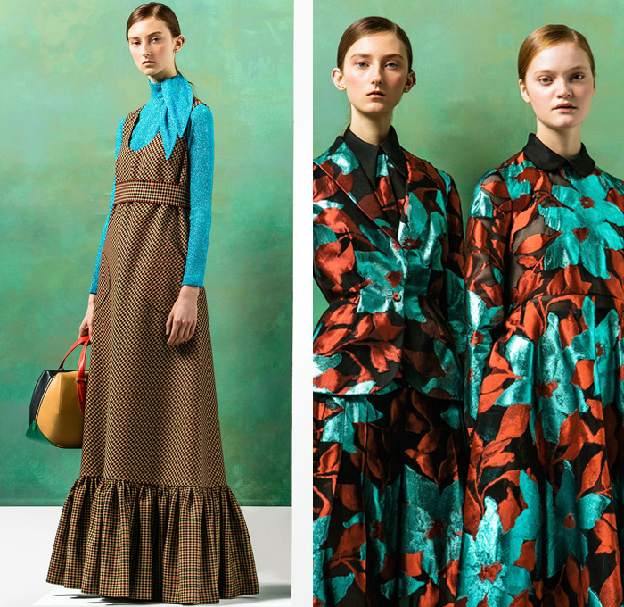 DELPOZO 2016 Pre Fall Autumn Womens Lookbook Presentation - Looped Fringes Brooch Flowers Floral Botanical Motif Leaves Foliage Embroidery Sheer Chiffon Tulle Chunky Knit Sweater Jumper Plaid Tartan Check Outerwear Trench Coat Poncho Cloak Cape Wide Leg Trousers Palazzo Pants Culottes Gauchos Stripes Balloon Turtleneck Scarf Shawl Skirt Blazer Pantsuit Waistcoat Gown Eveningwear Tutu Drapery Handbag Elevator Shoes