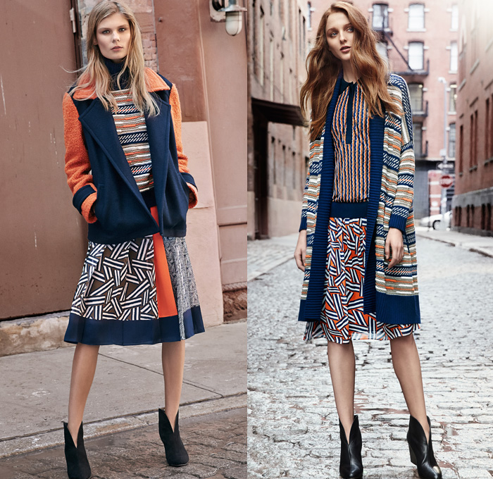 Diane Von Furstenberg 2016 Pre Fall Autumn Womens Lookbook Presentation - Stripes Wide Leg Trousers Palazzo Pants Culottes Gauchos Blouse Long Sleeve Patchwork Bomber Jacket Silk Satin Leather Furry Shaggy Vest Knit Sweater Jumper Stockings Leggings Tights Accordion Pleats Geometric Skirt Frock Moto Motorcycle Biker Leather Shearling Dress Cardigan Wrap Turtleneck Halter Top Colorblock Noodle Strap