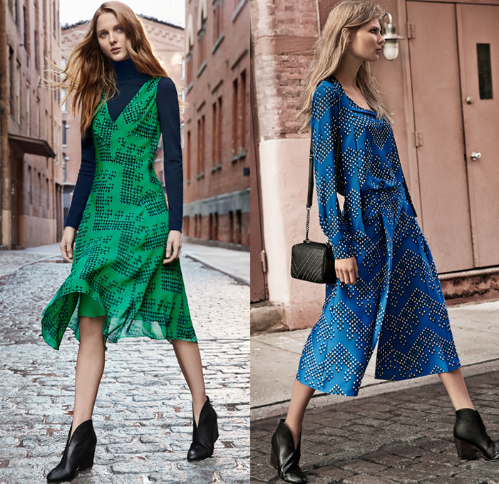 Diane Von Furstenberg 2016 Pre Fall Autumn Womens Lookbook Presentation - Stripes Wide Leg Trousers Palazzo Pants Culottes Gauchos Blouse Long Sleeve Patchwork Bomber Jacket Silk Satin Leather Furry Shaggy Vest Knit Sweater Jumper Stockings Leggings Tights Accordion Pleats Geometric Skirt Frock Moto Motorcycle Biker Leather Shearling Dress Cardigan Wrap Turtleneck Halter Top Colorblock Noodle Strap