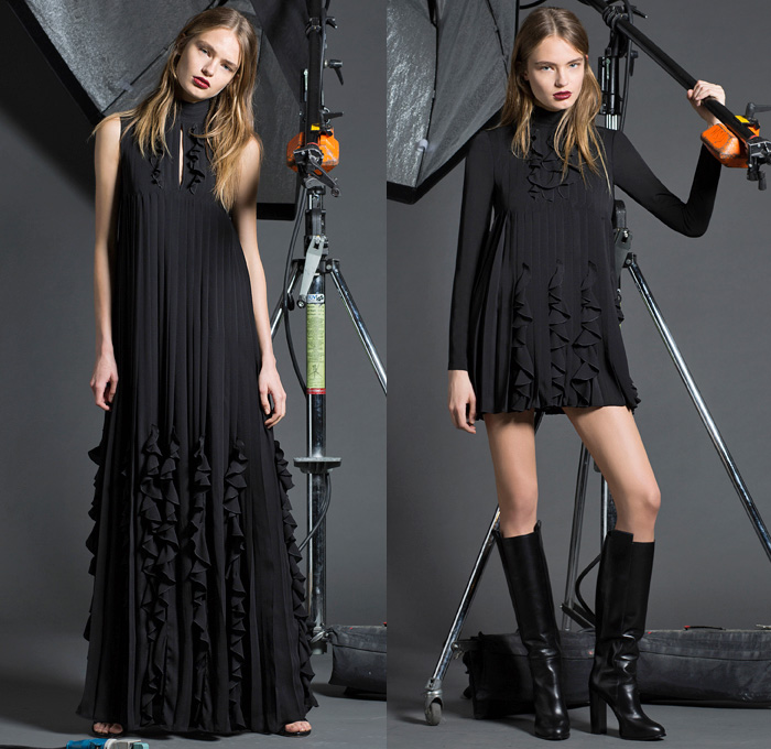 Dsquared2 2016 Pre Fall Autumn Womens Lookbook Presentation - Military Zipper Cargo Pockets Grosgrain Belted Waist Accordion Pleats Ruffles Tiered Embroidery Bedazzled Coat Pantsuit Turtleneck Knit Sweater Lace Up Sheer Chiffon Drapery Wrap Dress Bowtie Blouse Shirtdress Bomber Jacket Cloak Cape Hanging Sleeve Parka Flowers Floral Wide Leg Trousers Palazzo Pants Sleepwear Pajamas Loungewear Medals Denim Jeans
