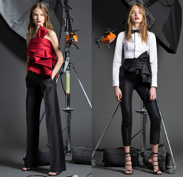 Dsquared2 2016 Pre Fall Autumn Womens Lookbook Presentation - Military Zipper Cargo Pockets Grosgrain Belted Waist Accordion Pleats Ruffles Tiered Embroidery Bedazzled Coat Pantsuit Turtleneck Knit Sweater Lace Up Sheer Chiffon Drapery Wrap Dress Bowtie Blouse Shirtdress Bomber Jacket Cloak Cape Hanging Sleeve Parka Flowers Floral Wide Leg Trousers Palazzo Pants Sleepwear Pajamas Loungewear Medals Denim Jeans