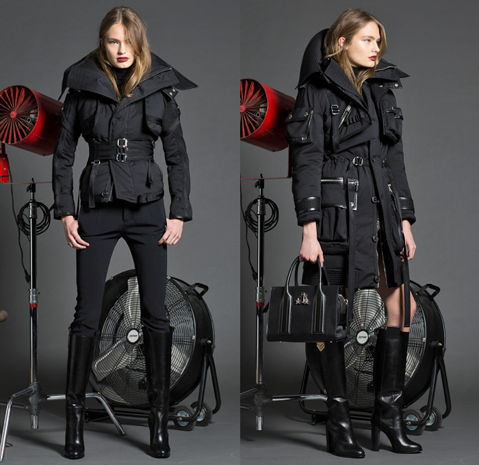 Dsquared2 2016 Pre Fall Autumn Womens Lookbook Presentation - Military Zipper Cargo Pockets Grosgrain Belted Waist Accordion Pleats Ruffles Tiered Embroidery Bedazzled Coat Pantsuit Turtleneck Knit Sweater Lace Up Sheer Chiffon Drapery Wrap Dress Bowtie Blouse Shirtdress Bomber Jacket Cloak Cape Hanging Sleeve Parka Flowers Floral Wide Leg Trousers Palazzo Pants Sleepwear Pajamas Loungewear Medals Denim Jeans