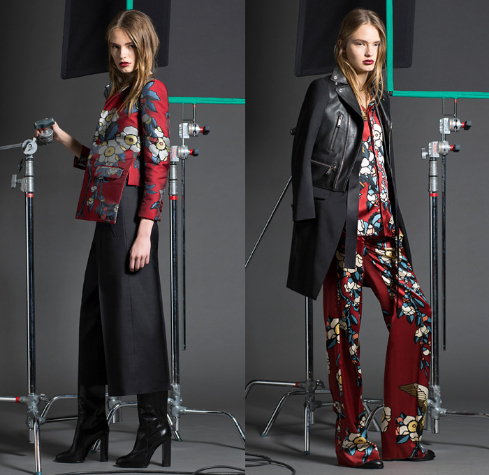 Dsquared2 2016 Pre Fall Autumn Womens Lookbook Presentation - Military Zipper Cargo Pockets Grosgrain Belted Waist Accordion Pleats Ruffles Tiered Embroidery Bedazzled Coat Pantsuit Turtleneck Knit Sweater Lace Up Sheer Chiffon Drapery Wrap Dress Bowtie Blouse Shirtdress Bomber Jacket Cloak Cape Hanging Sleeve Parka Flowers Floral Wide Leg Trousers Palazzo Pants Sleepwear Pajamas Loungewear Medals Denim Jeans