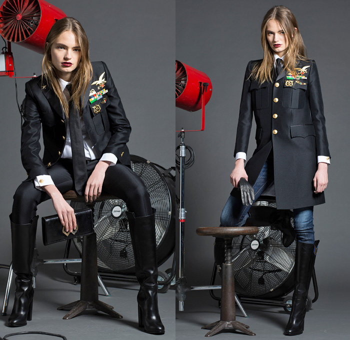 Dsquared2 2016 Pre Fall Autumn Womens Lookbook Presentation - Military Zipper Cargo Pockets Grosgrain Belted Waist Accordion Pleats Ruffles Tiered Embroidery Bedazzled Coat Pantsuit Turtleneck Knit Sweater Lace Up Sheer Chiffon Drapery Wrap Dress Bowtie Blouse Shirtdress Bomber Jacket Cloak Cape Hanging Sleeve Parka Flowers Floral Wide Leg Trousers Palazzo Pants Sleepwear Pajamas Loungewear Medals Denim Jeans
