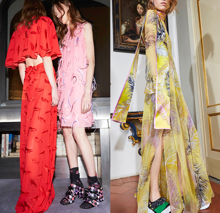 Emilio Pucci 2016 Pre Fall Autumn Womens Lookbook Presentation - Denim Jeans Feathers Ruffles Geometric Furry Shaggy Lips Kiss Flowers Floral Botanical Print Graphic Pattern Motif Foliage Embroidery Bedazzled Metallic Sequins Skirt Frock Outerwear Coat Maxi Dress Goddess Gown Eveningwear Sheer Chiffon Shirtdress Quilted Puffer Parka Ornamental Decorative Art Lace Patchwork Gloves Strips Handbag Scarf Socks Sandals