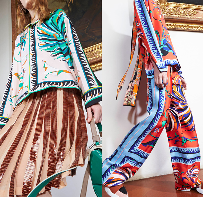 Emilio Pucci 2016 Pre Fall Autumn Womens Lookbook Presentation - Denim Jeans Feathers Ruffles Geometric Furry Shaggy Lips Kiss Flowers Floral Botanical Print Graphic Pattern Motif Foliage Embroidery Bedazzled Metallic Sequins Skirt Frock Outerwear Coat Maxi Dress Goddess Gown Eveningwear Sheer Chiffon Shirtdress Quilted Puffer Parka Ornamental Decorative Art Lace Patchwork Gloves Strips Handbag Scarf Socks Sandals