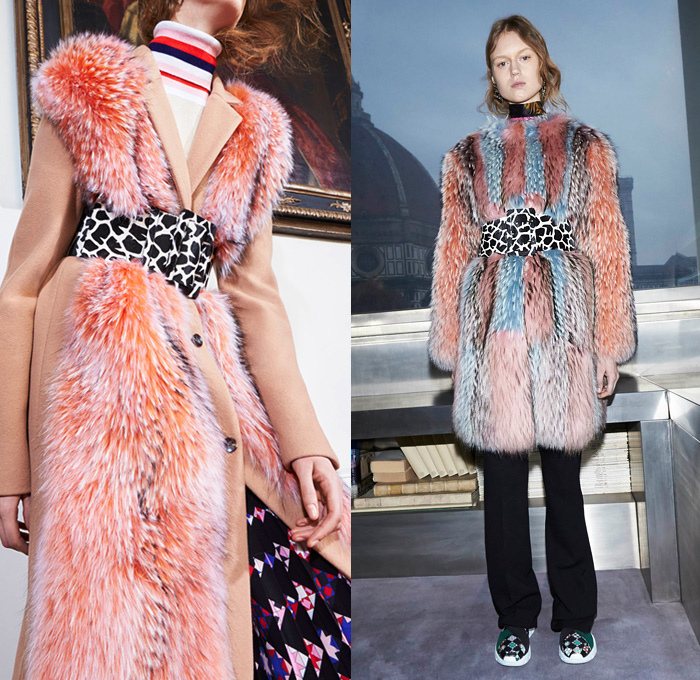 Emilio Pucci 2016 Pre Fall Autumn Womens Lookbook Presentation - Denim Jeans Feathers Ruffles Geometric Furry Shaggy Lips Kiss Flowers Floral Botanical Print Graphic Pattern Motif Foliage Embroidery Bedazzled Metallic Sequins Skirt Frock Outerwear Coat Maxi Dress Goddess Gown Eveningwear Sheer Chiffon Shirtdress Quilted Puffer Parka Ornamental Decorative Art Lace Patchwork Gloves Strips Handbag Scarf Socks Sandals