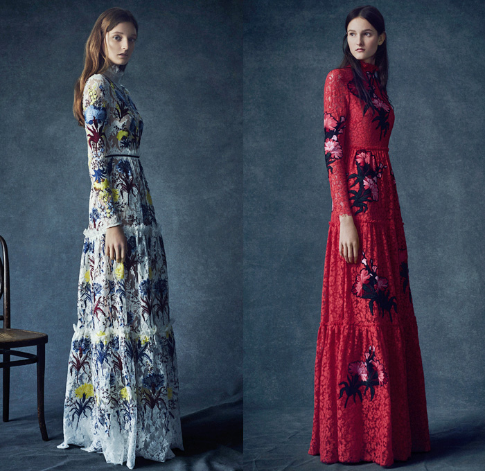 Erdem Moralioglu 2016 Pre Fall Autumn Womens Lookbook Presentation - Flowers Floral Leaves Foliage Botanical Print Graphic Pattern Motif Sheer Chiffon Lace Open Shoulders Pussycat Bow Ribbon Outerwear Trench Coat Coatdress Furry Shaggy Tiered Maxi Dress Goddess Gown Georgette Gown Eveningwear Drapery Embroidery Halter Top Halterneck Bedazzled Metallic Sleeveless Jacket Skirt Frock