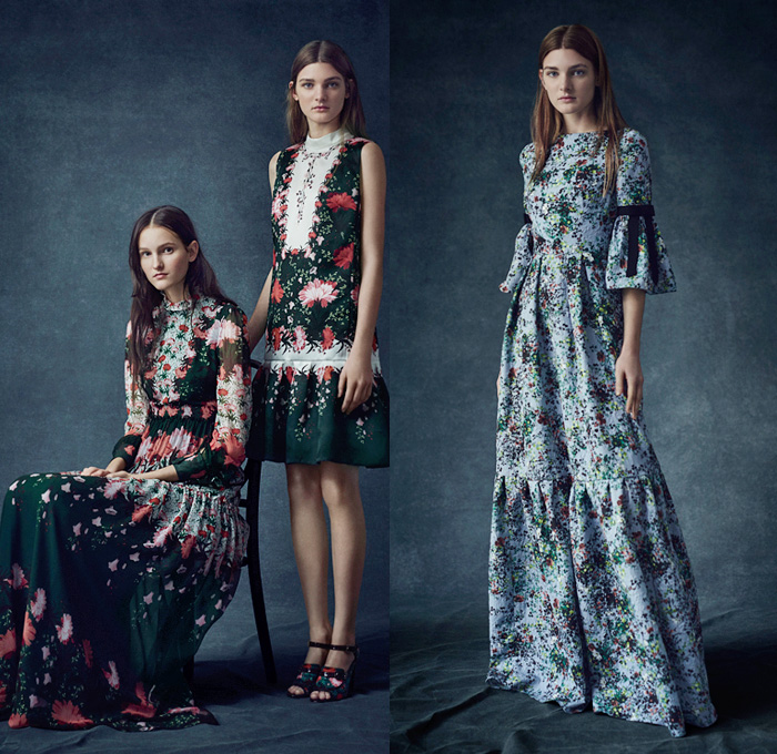 Erdem Moralioglu 2016 Pre Fall Autumn Womens Lookbook Presentation - Flowers Floral Leaves Foliage Botanical Print Graphic Pattern Motif Sheer Chiffon Lace Open Shoulders Pussycat Bow Ribbon Outerwear Trench Coat Coatdress Furry Shaggy Tiered Maxi Dress Goddess Gown Georgette Gown Eveningwear Drapery Embroidery Halter Top Halterneck Bedazzled Metallic Sleeveless Jacket Skirt Frock