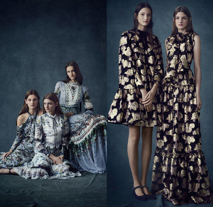 Erdem Moralioglu 2016 Pre Fall Autumn Womens Lookbook Presentation - Flowers Floral Leaves Foliage Botanical Print Graphic Pattern Motif Sheer Chiffon Lace Open Shoulders Pussycat Bow Ribbon Outerwear Trench Coat Coatdress Furry Shaggy Tiered Maxi Dress Goddess Gown Georgette Gown Eveningwear Drapery Embroidery Halter Top Halterneck Bedazzled Metallic Sleeveless Jacket Skirt Frock