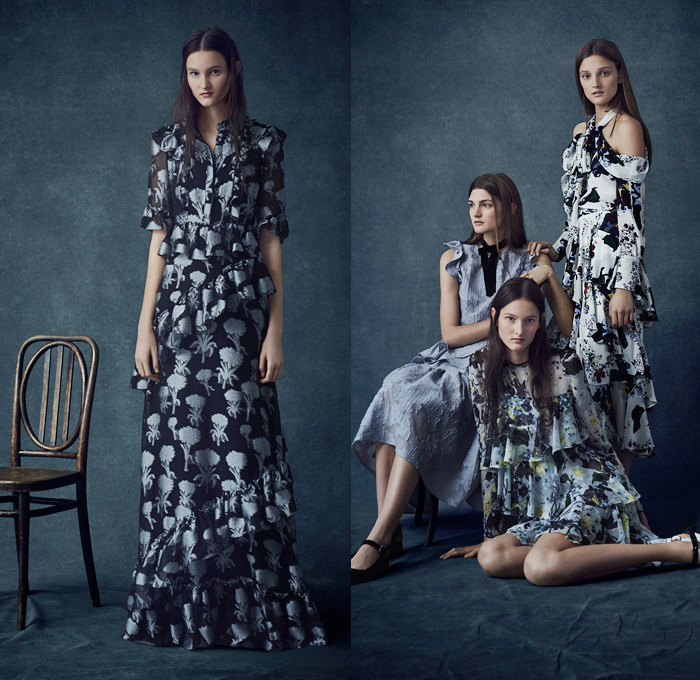 Erdem Moralioglu 2016 Pre Fall Autumn Womens Lookbook Presentation - Flowers Floral Leaves Foliage Botanical Print Graphic Pattern Motif Sheer Chiffon Lace Open Shoulders Pussycat Bow Ribbon Outerwear Trench Coat Coatdress Furry Shaggy Tiered Maxi Dress Goddess Gown Georgette Gown Eveningwear Drapery Embroidery Halter Top Halterneck Bedazzled Metallic Sleeveless Jacket Skirt Frock